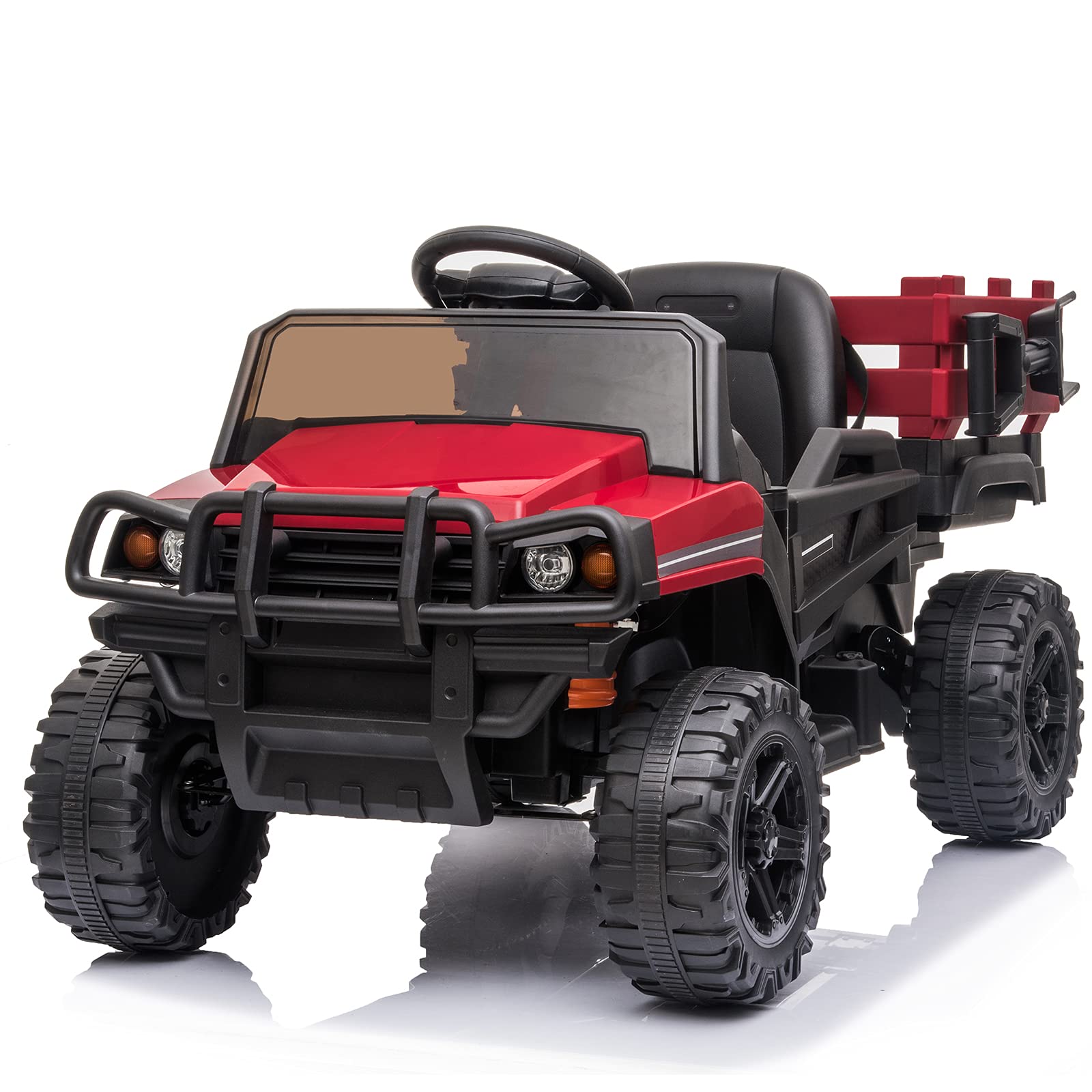 FORESEE 12V Kids Electric Ride On Truck with Parent Remote Control, Trailer, 3 Speed Settings, Spring Suspension & LED Headlights - Red | Perfect for Outdoor Play, Birthday Gifts & Family Fun Activities