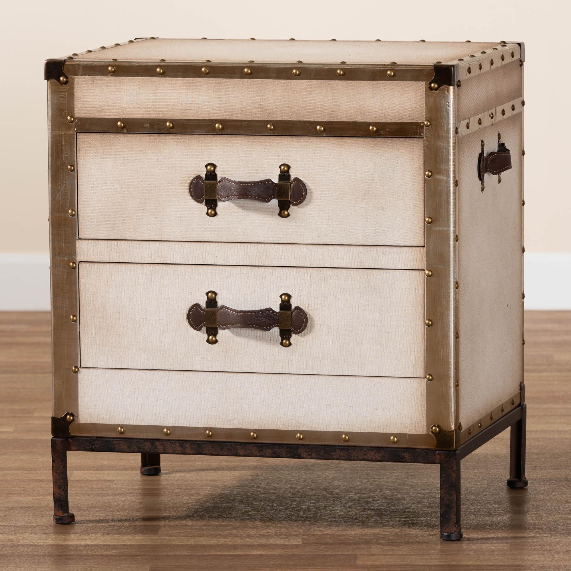 Baxton Studio Laura Canvas Trunk End Table with 2 Drawers in Beige - Perfect for Living Room, Bedroom, or Office Storage and Decor