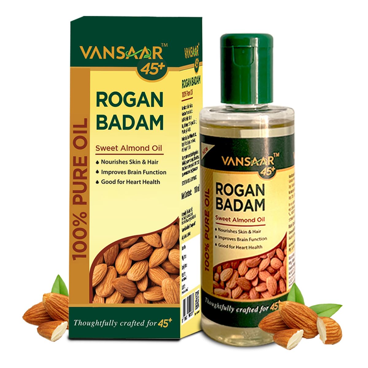 Vansaar 45+ Rogan Badam Oil - 50ml | 100% Pure Natural Cold Pressed Sweet Almond Oil for Skin & Hair Care | Made with Premium Californian Almonds | Perfect for Massage, Aromatherapy & DIY Beauty Recipes
