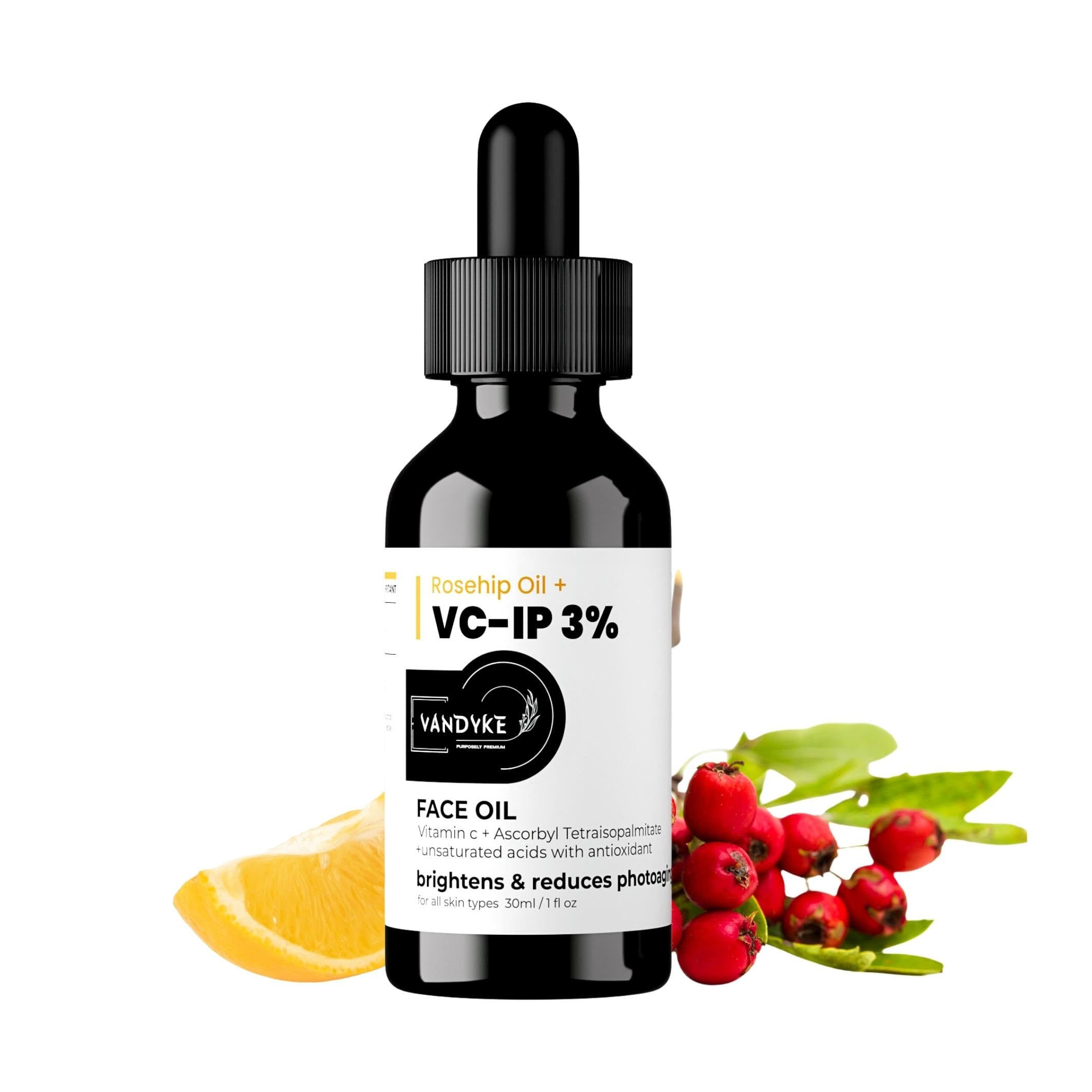 Vandyke 0.3% Pure Rosehip Oil for Face - Vitamin C Skin Brightening Serum (30ml) | Anti-Aging & Dark Spot Treatment | Day & Night Moisturizer for Glowing Skin