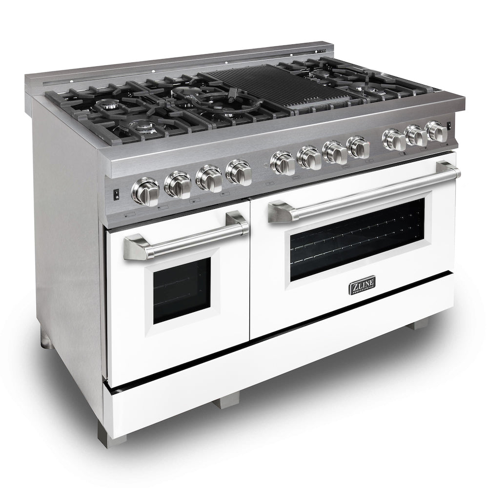 ZLINE 48-Inch 6.0 cu. ft. Dual Fuel Range with 7-Burner Gas Cooktop & 2 Electric Ovens - Satin Stainless Steel & White Matte Doors (RAS WM 48) - Perfect for Modern Kitchens, Home Chefs & Entertaining