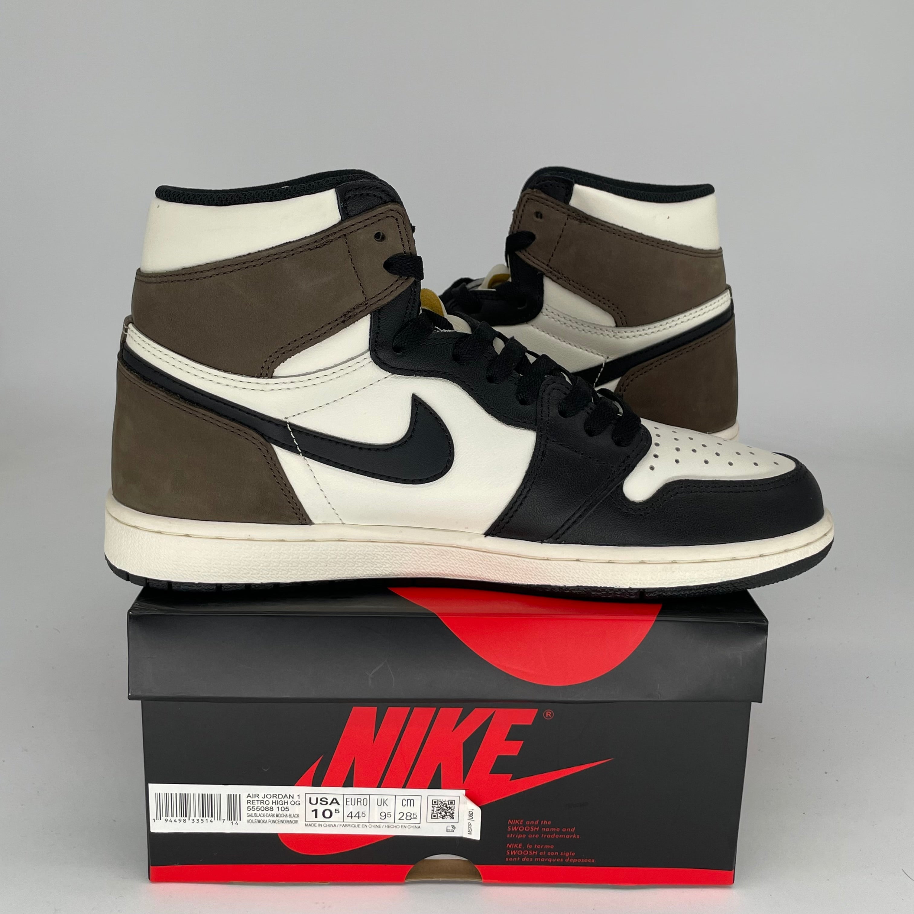 AIR JORDAN 1 DARK MOCHA Sneakers - Men's Size 10.5 (555088-105) - Retro High OG Basketball Shoes for Streetwear & Casual Outfits