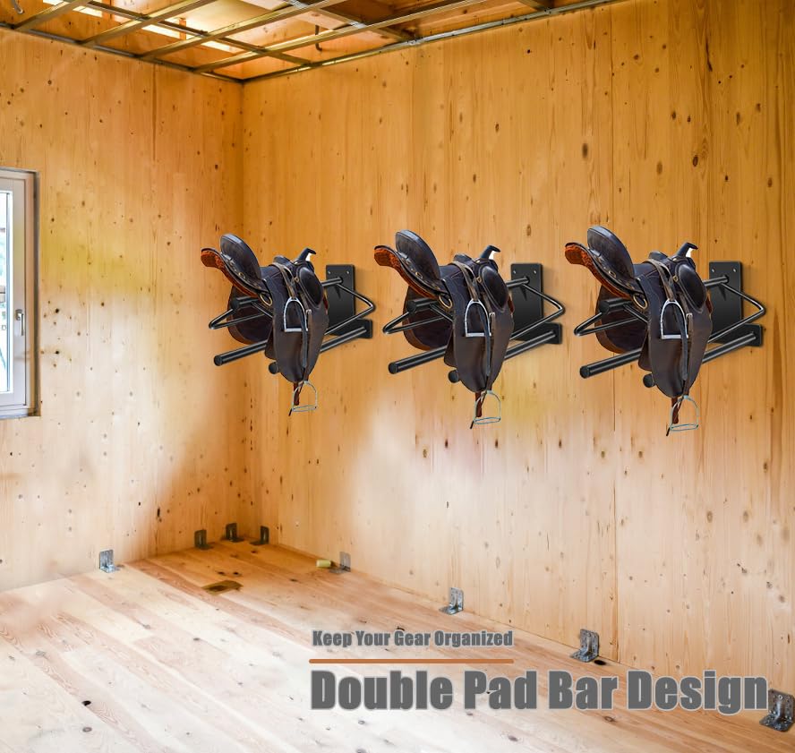 4 Sets Heavy Duty Wall Mounted Saddle Rack Stand with Double Pad Bar - 23.8x12.6x7.5 Inches for English & Western Saddles - Perfect for Stable, Barn, or Equestrian Center Organization