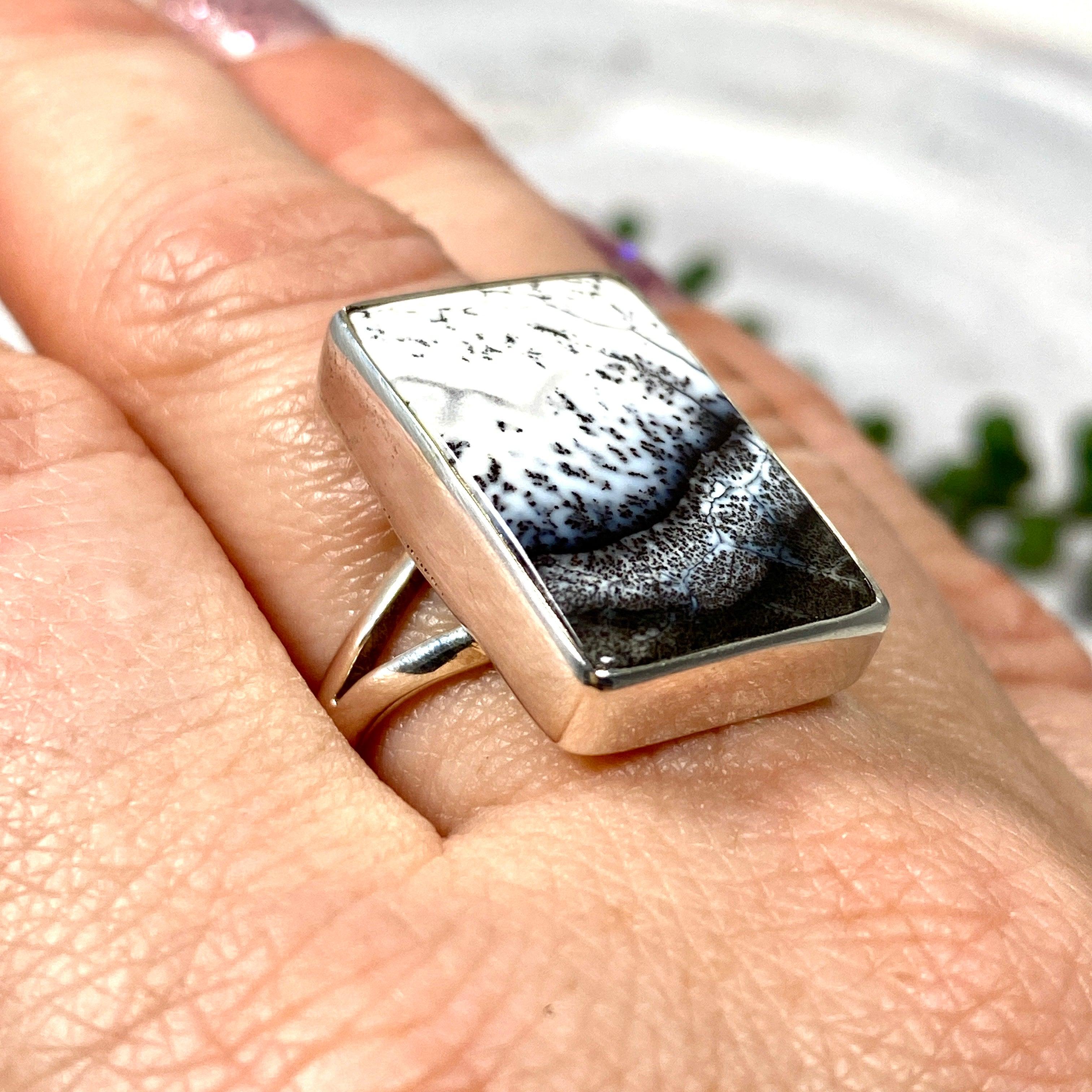 Dendritic Opal Rectangular Ring Size 9 KRGJ2293 - Elegant Handmade Jewelry for Women, Perfect for Weddings, Parties & Special Occasions