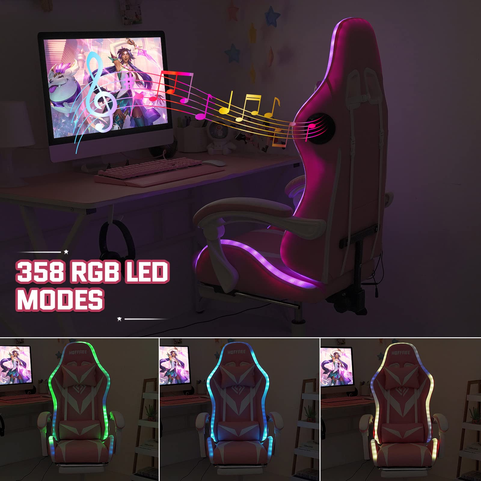 Pink Ergonomic Gaming Chair with Bluetooth Speakers, RGB LED Lights, Massage & Footrest - High Back Lumbar Support for PC, Video Game & Office Use - Perfect for Streaming, Esports & Home Gaming Setup