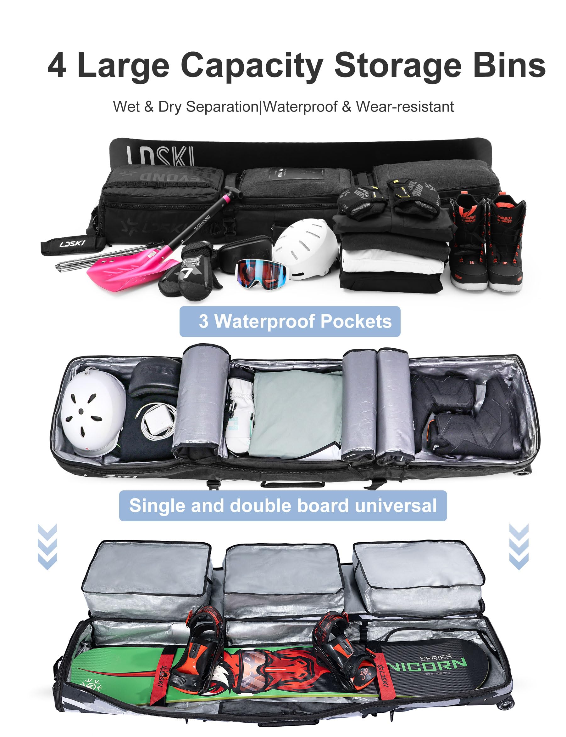Waterproof Padded Snowboard & Ski Bag with Wheels - Expandable Adjustable Travel Ski Bag for Airplane, Perfect for Snowboarding Trips & Winter Sports Gear Storage