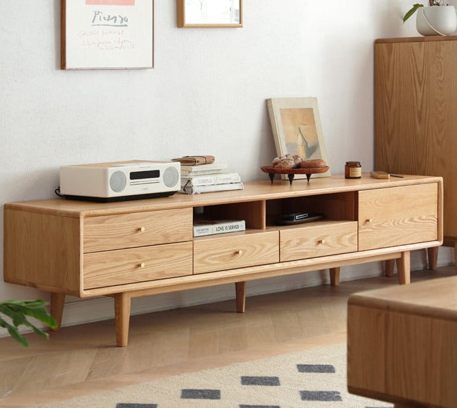 Solid Oak Wood TV Stand - Modern Entertainment Center with Storage Shelves for Living Room, Bedroom & Home Theater