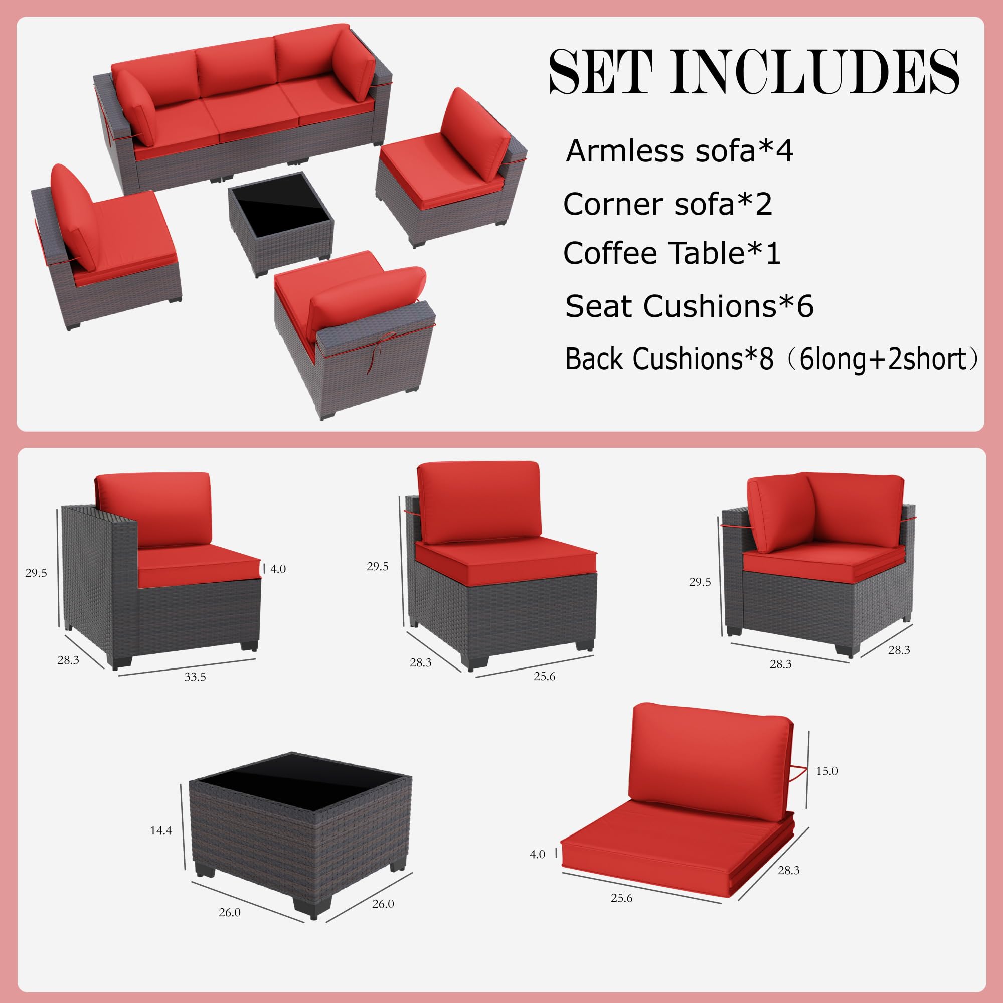 Gotland 7-Piece Outdoor Patio Furniture Set - All-Weather PE Rattan Sectional Sofa with Replaceable Red Waterproof Cushions & Coffee Table - Perfect for Garden, Backyard, Poolside & Balcony Relaxation