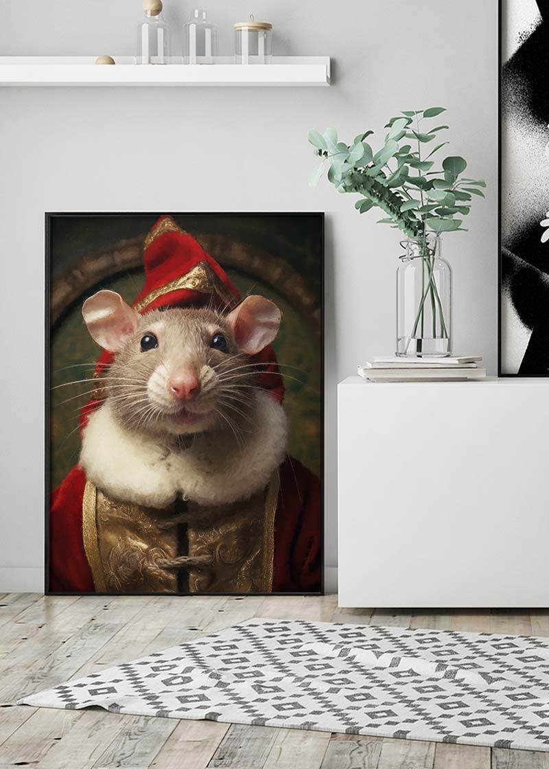 Christmas Mouse Animal Portrait Print - Festive Holiday Wall Art Decor for Home, Office & Gifts