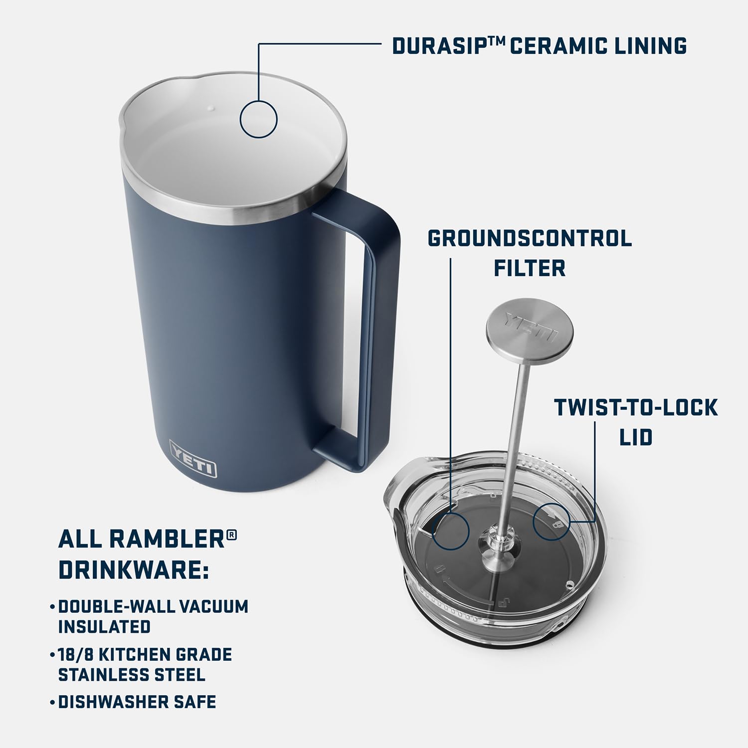 YETI Rambler French Press Coffee Maker with GroundsControl Filter - Insulated Stainless Steel Coffee Press for Camping, Travel & Home Brewing