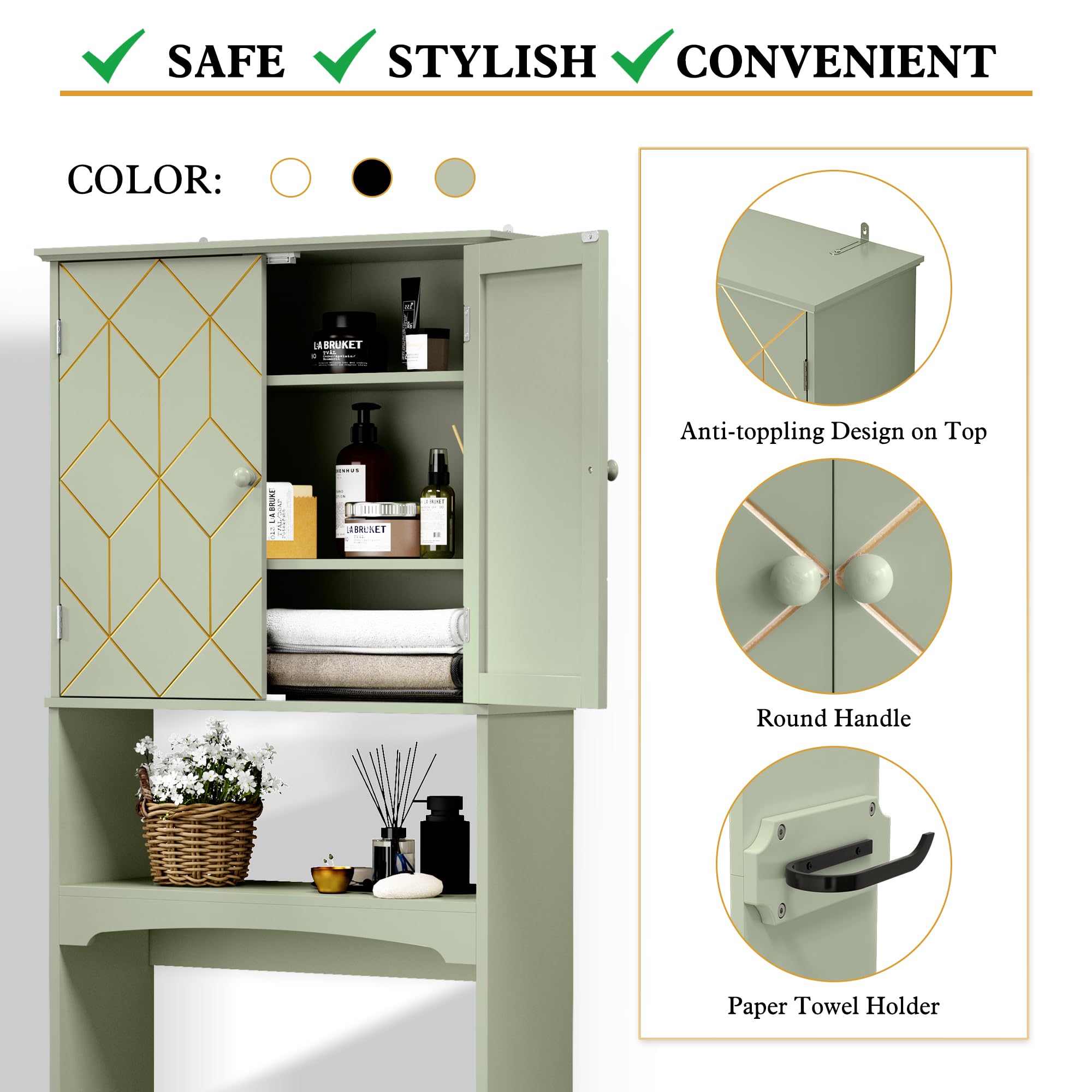 Modern Over The Toilet Storage Cabinet with Gold Trim - Adjustable Shelves & Toilet Paper Holder - Bathroom Organizer for Small Spaces (Green) - Perfect for Apartment, Dorm & Compact Bathrooms