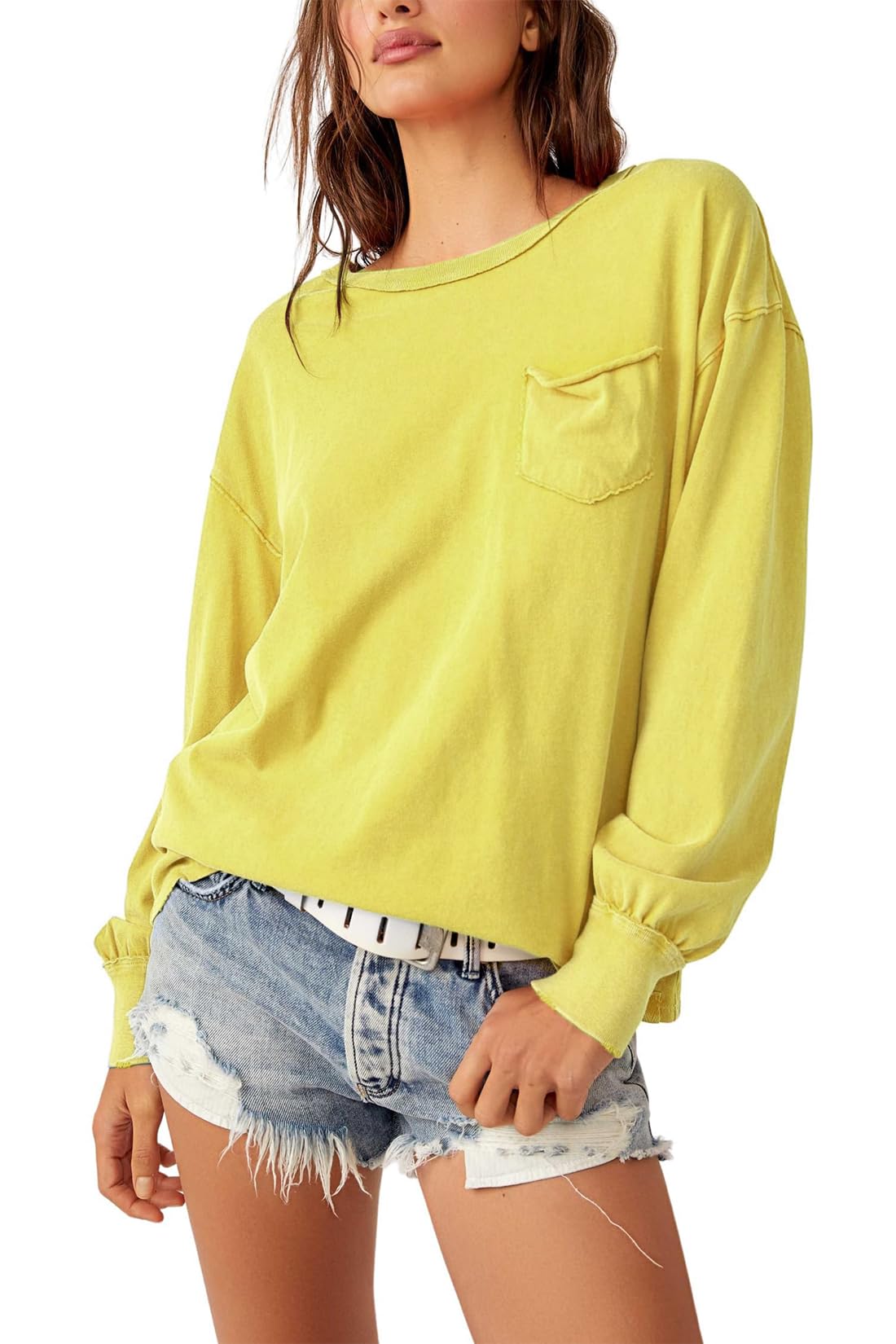 Allimy Women's Long Sleeve Distressed Pocket T-Shirt - Spring Fashion 2025 Crewneck Casual Top for Streetwear, Layering & Everyday Outfits
