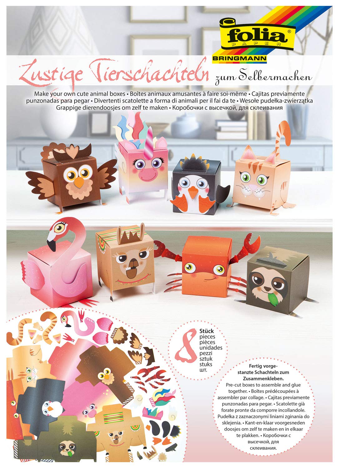 Folia 21902 Fun DIY Animal Boxes Set II - 8 Pre-Cut Multi-Colored Craft Boxes for Kids | Creative Play, Party Favors & Classroom Activities
