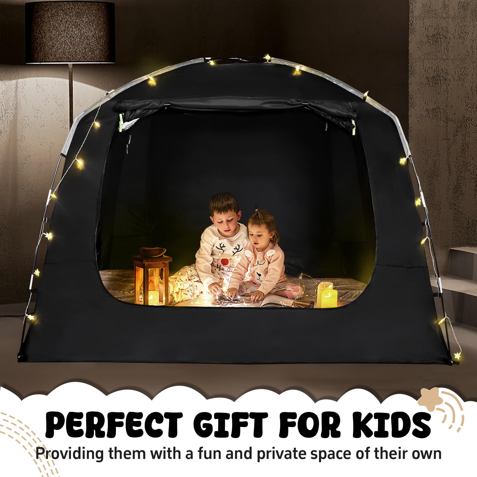 Breathable Bed Tent Canopy for Adults & Kids - Light Reduction Sleeping Dream Tent with String Lights - Indoor Portable Big Space - 4 Doors - Fits Twin, Full, Queen & King Size Beds - Perfect for Camping, Sleepovers & Privacy at Home