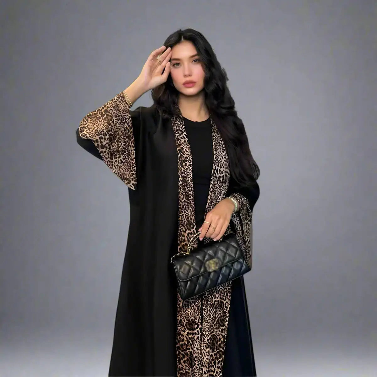 Leopard Print Cardigan Open Abaya Dress with Matching Hijab - Elegant Muslim Women's Fashion for Daily Wear & Special Occasions
