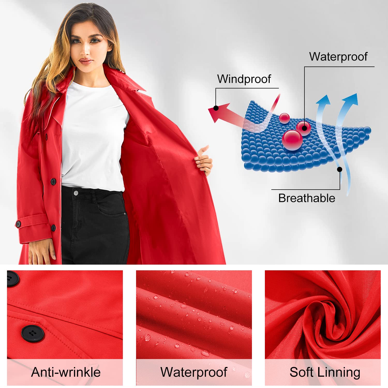 Garemcy Women's Waterproof Trench Coat - Double Breasted Long Raincoat with Detachable Hood & Belt, Classic Lapel Design for Office, Travel & Outdoor Activities