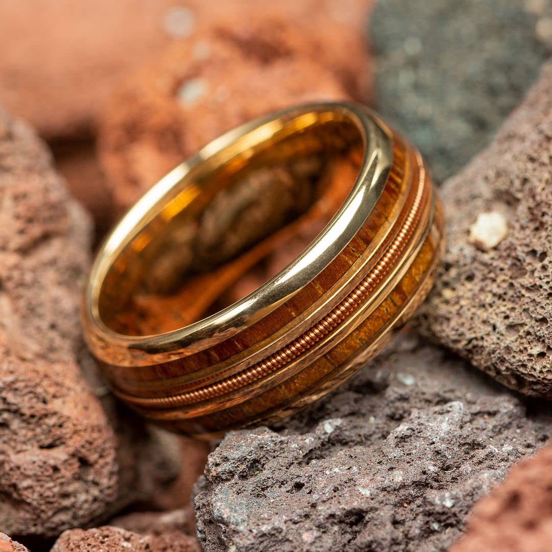 Men's Hawaiian Koa Rose Gold Tungsten Guitar String Wedding Ring - 8mm Comfort Fit Band for Guitarists & Musicians | Perfect for Weddings, Anniversaries & Music Performances