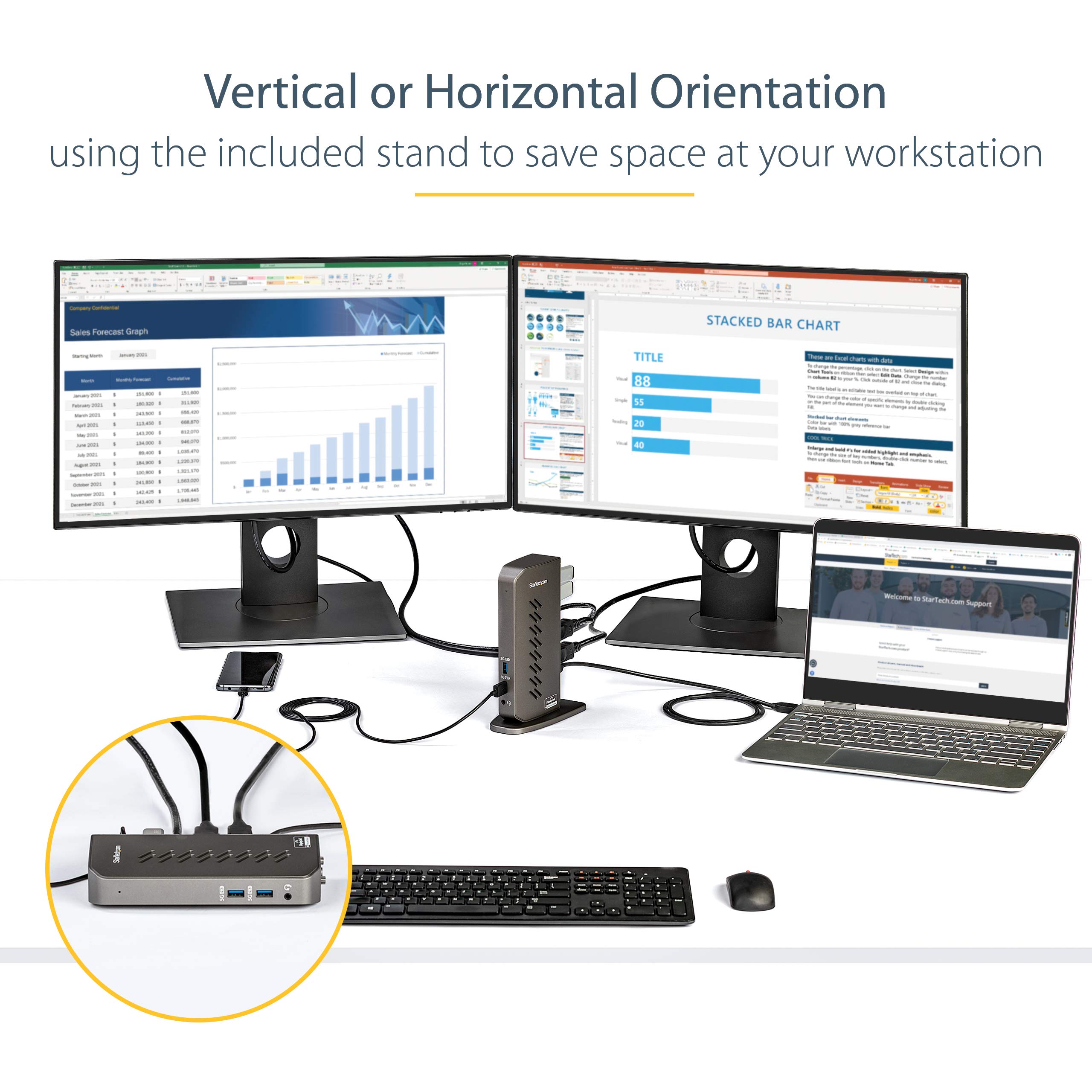StarTech.com Hybrid USB-C & USB-A Docking Station - Universal Laptop Dock with Dual 4K 60Hz HDMI/DisplayPort, 6 USB 3.0 Ports, Gigabit Ethernet - Compatible with Windows & Mac (DK30A2DHU) - Perfect for Home Office & Remote Work Setup