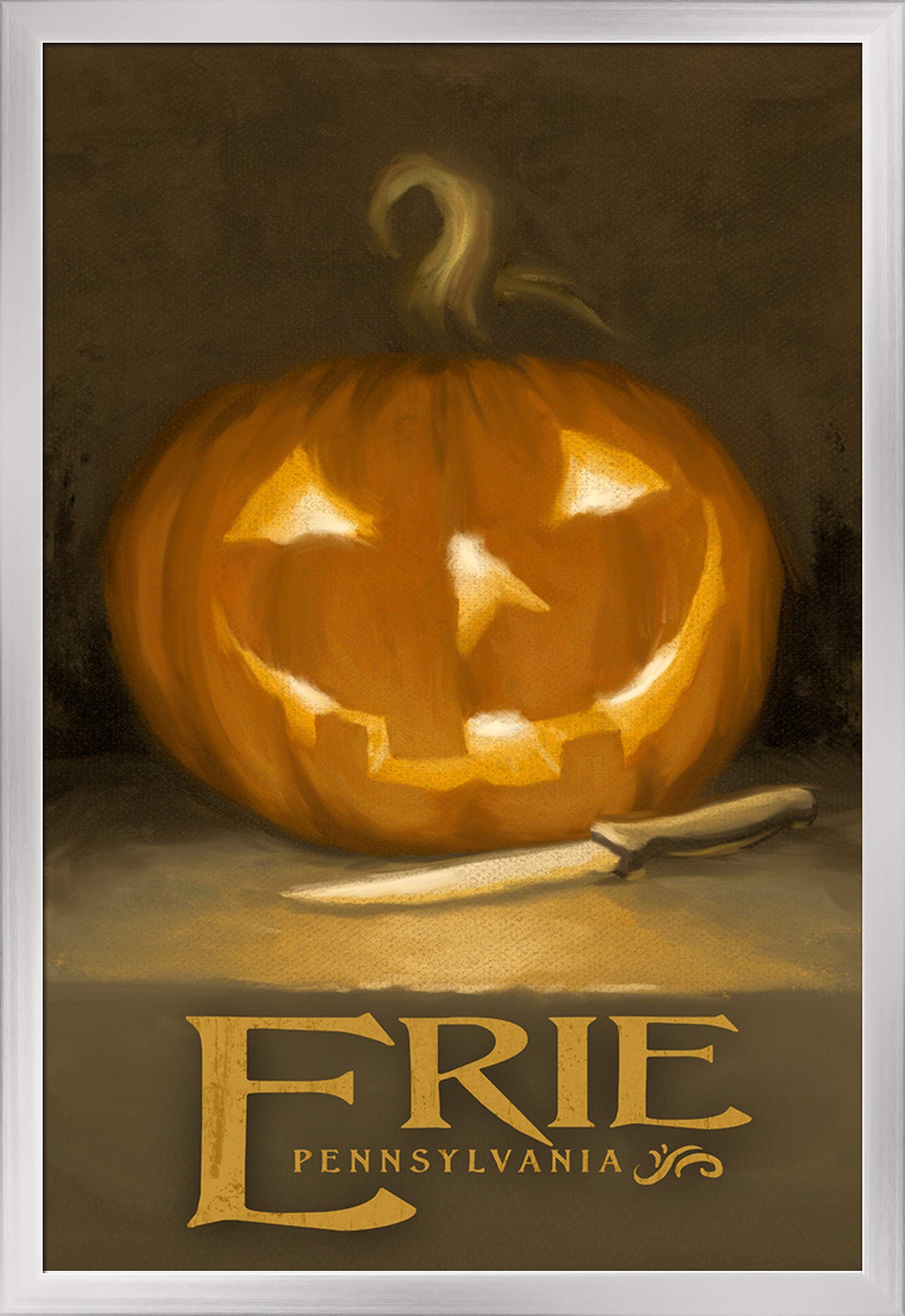 Eerie Jack-O-Lantern Halloween Oil Painting - Erie Pennsylvania Artwork (24x36 Giclee Print, Silver Wood Gallery Frame) - Perfect for Spooky Home Decor & Halloween Party Wall Art