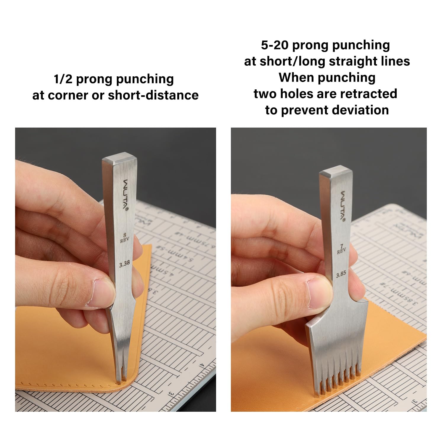 Premium WUTA Leather Chisel - All-Polished Die-Steel French Style Pricking Iron (3.85mm, 8 Teeth) - Sharp Leather Punching Tool for Leathercraft, DIY Projects & Shoe/Bag Repair - Perfect for Saddlery, Bookbinding & Handmade Leather Goods