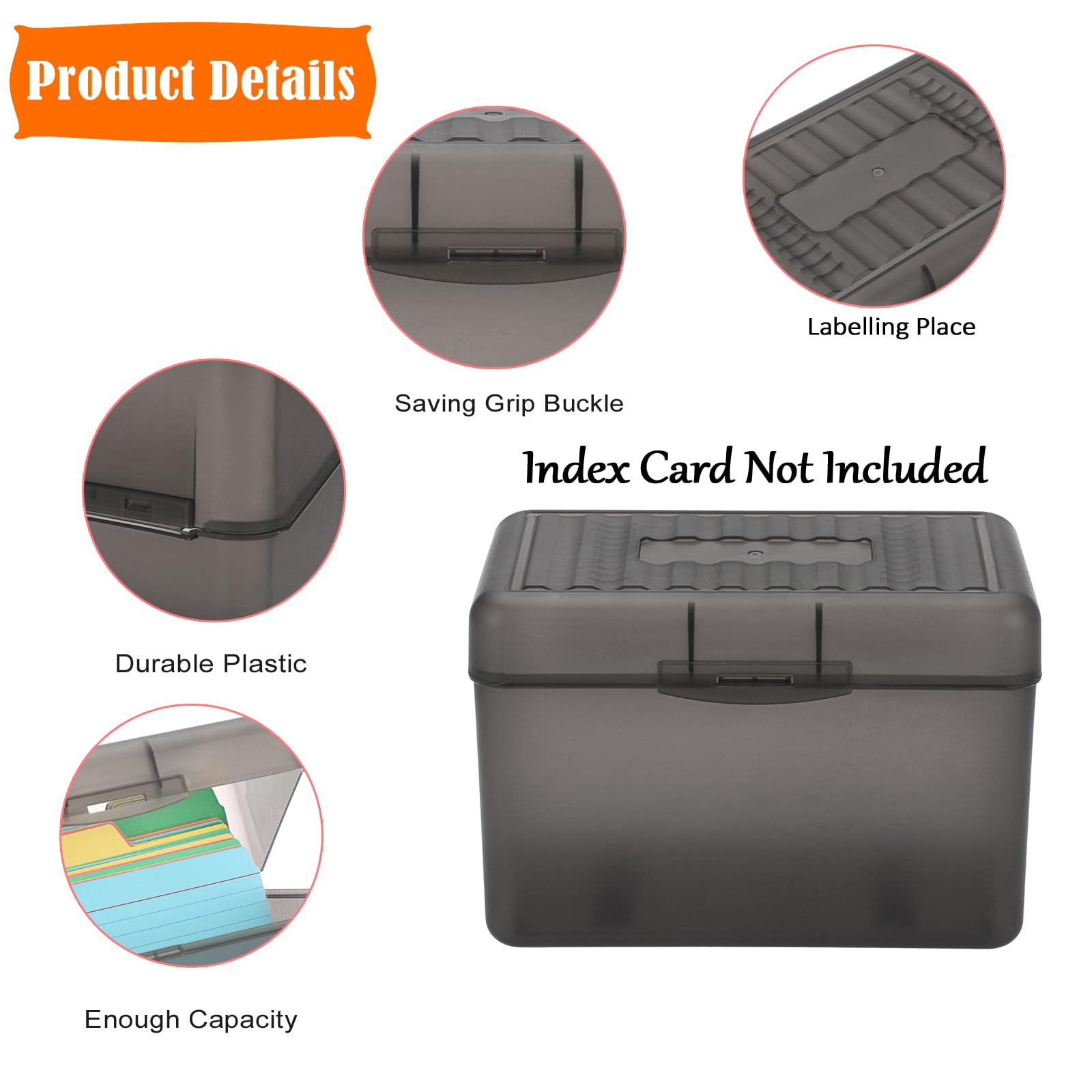 BTSKY 4-Pack 4x6 Inch Index Card Box - Plastic Storage Organizer for Index Cards, Note Cards, Flashcards & Recipes - Grey (Cards Not Included) - Perfect for Office, School, Kitchen & Home Organization