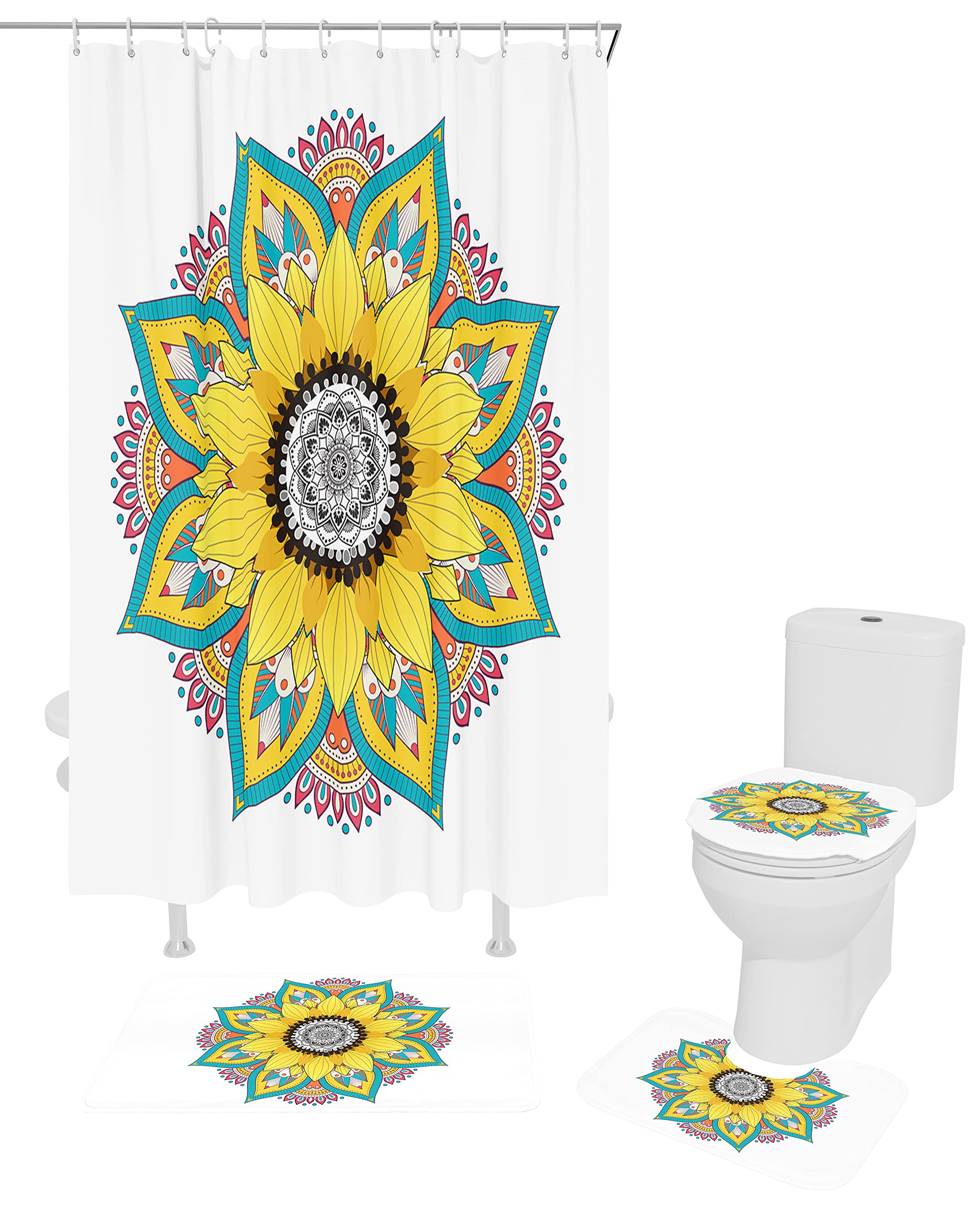 4PCS Sunflower and Mandala Shower Curtain Set - Waterproof Bathroom Decor with 66x72in Curtain, Non-Slip Bath Mat & Toilet Lid Cover - Boho Chic Bathroom Accessories for Modern Home Decor (Ideal for Guest Bathrooms & Apartment Showers)