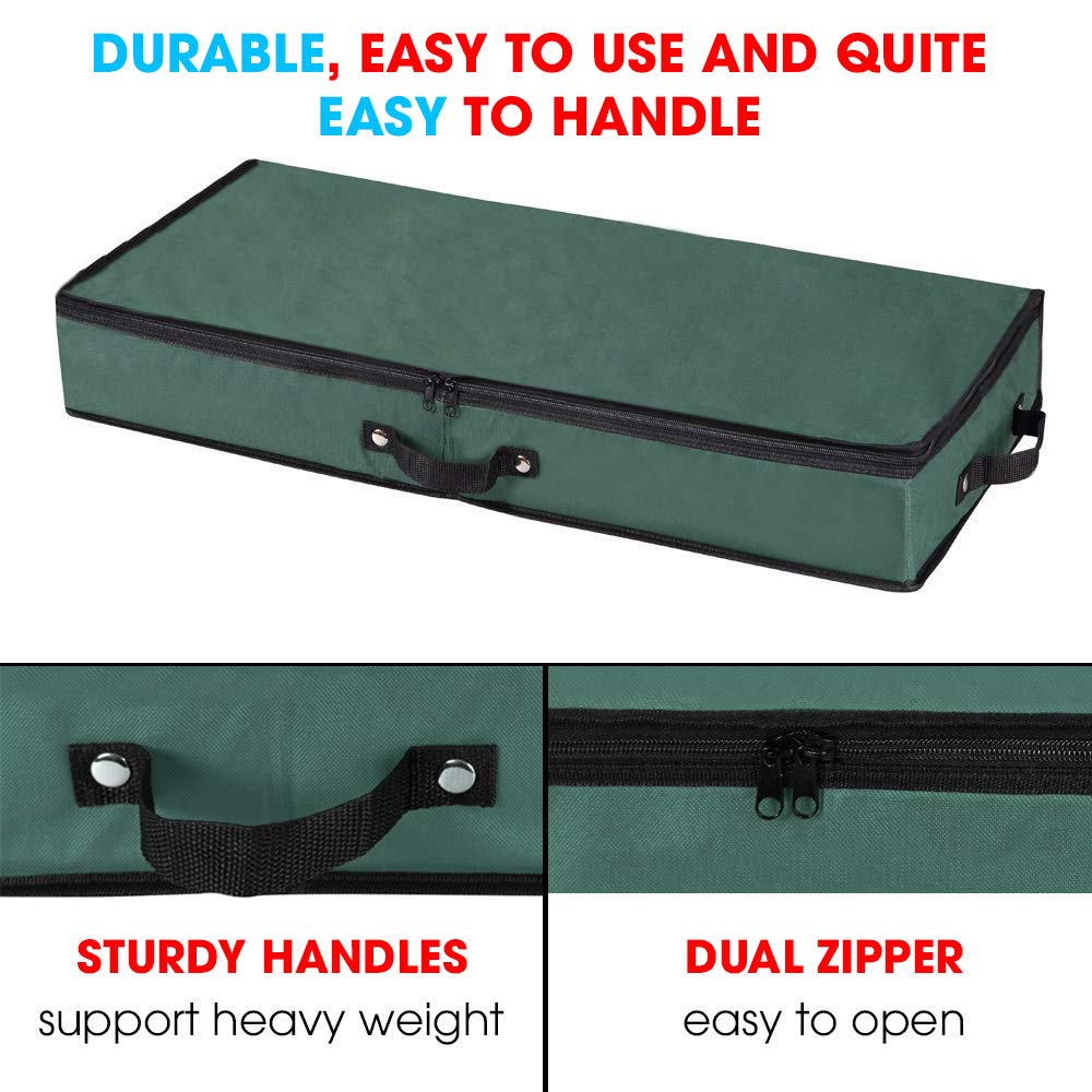 Primode Wrapping Paper Storage Container - Under Bed Gift Wrap Organizer for 30 Inch Rolls | 31”x13.5”x4.5” | 600D Oxford Fabric Box with Pockets for Ribbons, Bows & Accessories (Green) | Perfect for Holiday Gift Wrapping, Birthday Parties & Craft Room Organization