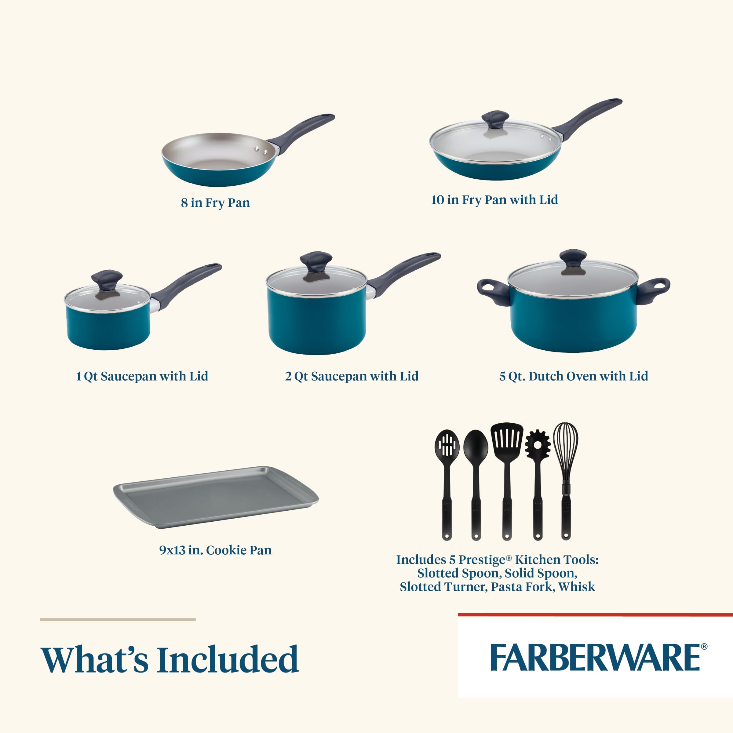 Farberware 15-Piece Nonstick Cookware Set - Dishwasher Safe Pots and Pans in Teal - Perfect for Family Cooking, Meal Prep & Everyday Kitchen Use