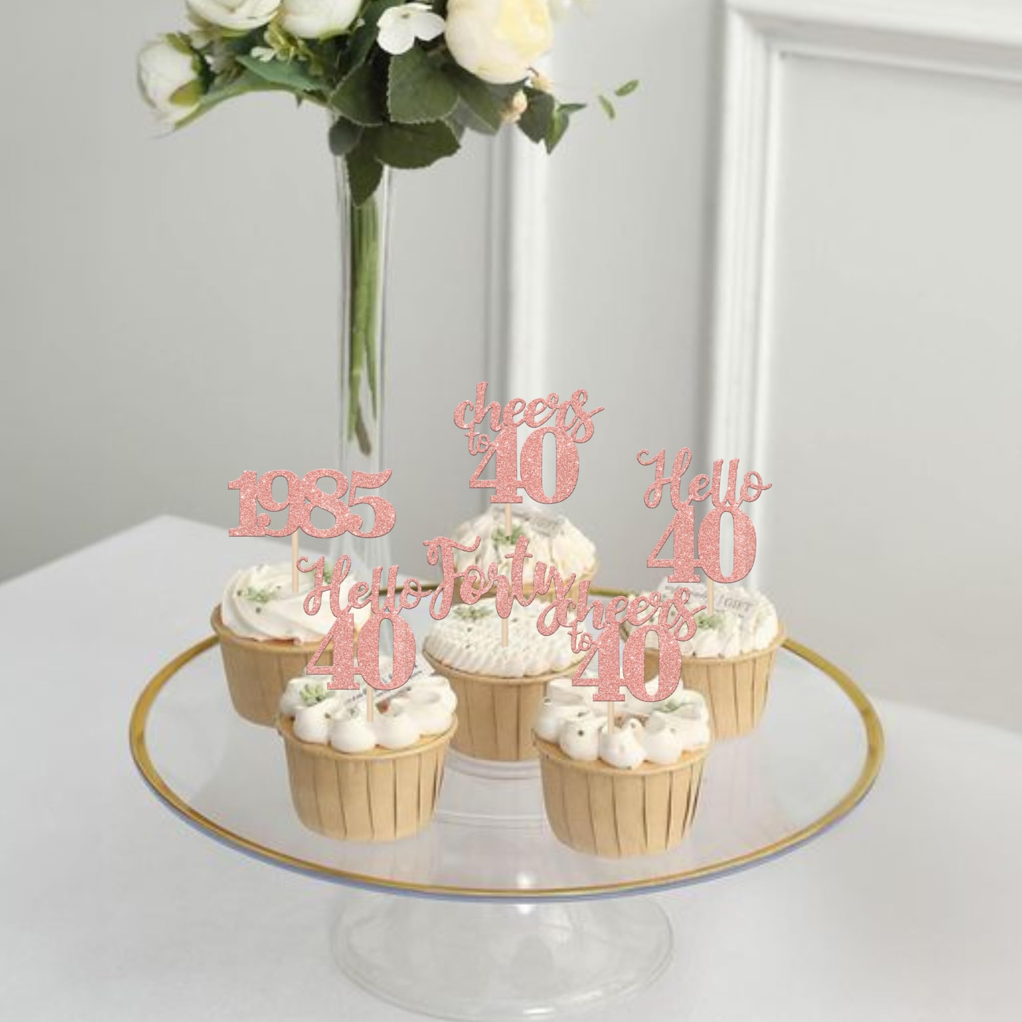 24 PCS Glitter 40th Birthday Cupcake Toppers - Rose Gold 