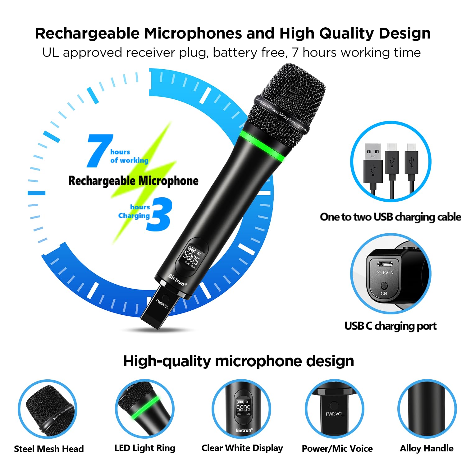 Bietrun Wireless Microphone System - Rechargeable Metal Dual UHF Cordless Dynamic Handheld Mic with 240ft Range & Bluetooth Receiver for Karaoke, DJ, Wedding, Church, Party, Meeting - Perfect for Home Entertainment & Professional Events