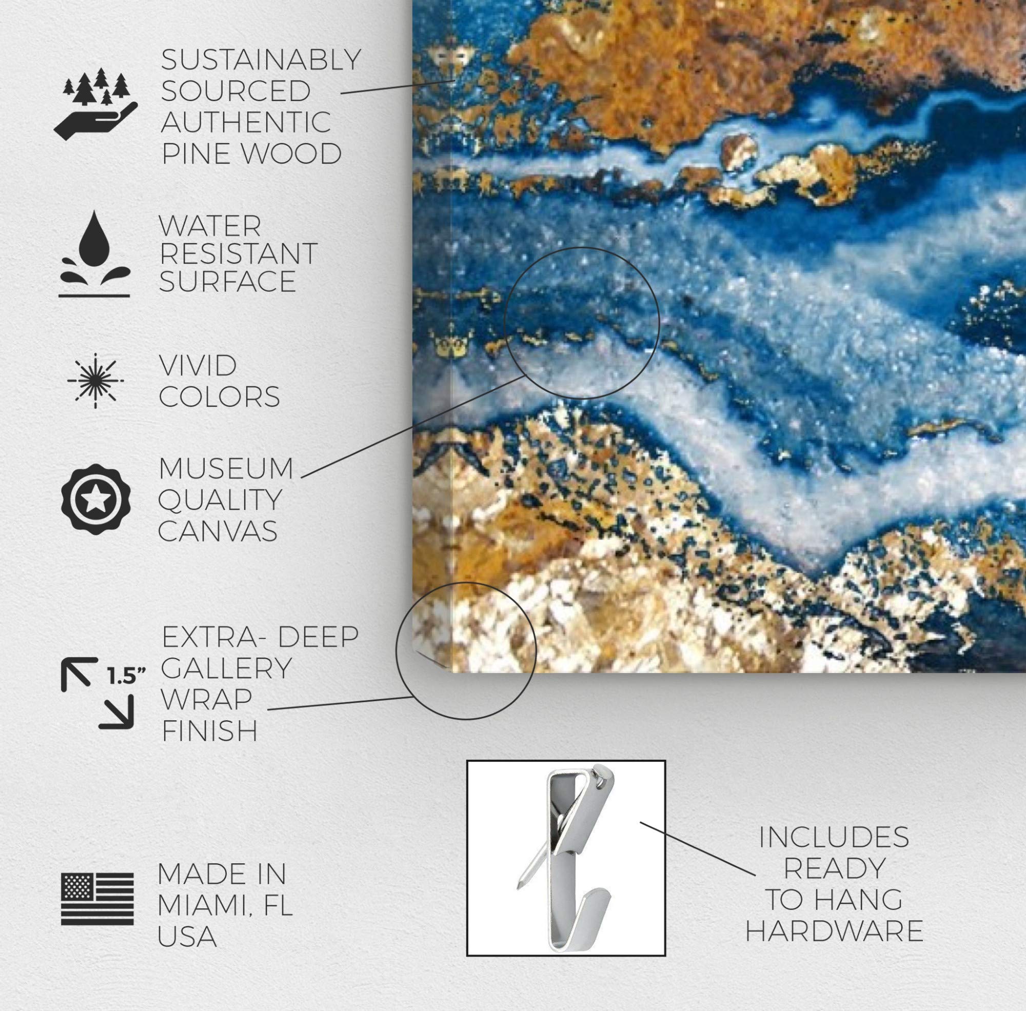 Abstract Wall Art Canvas Print 'Bleu Agate' - 20x20 Inch Blue & Gold Modern Home Decor - Perfect for Living Room, Bedroom or Office Decoration
