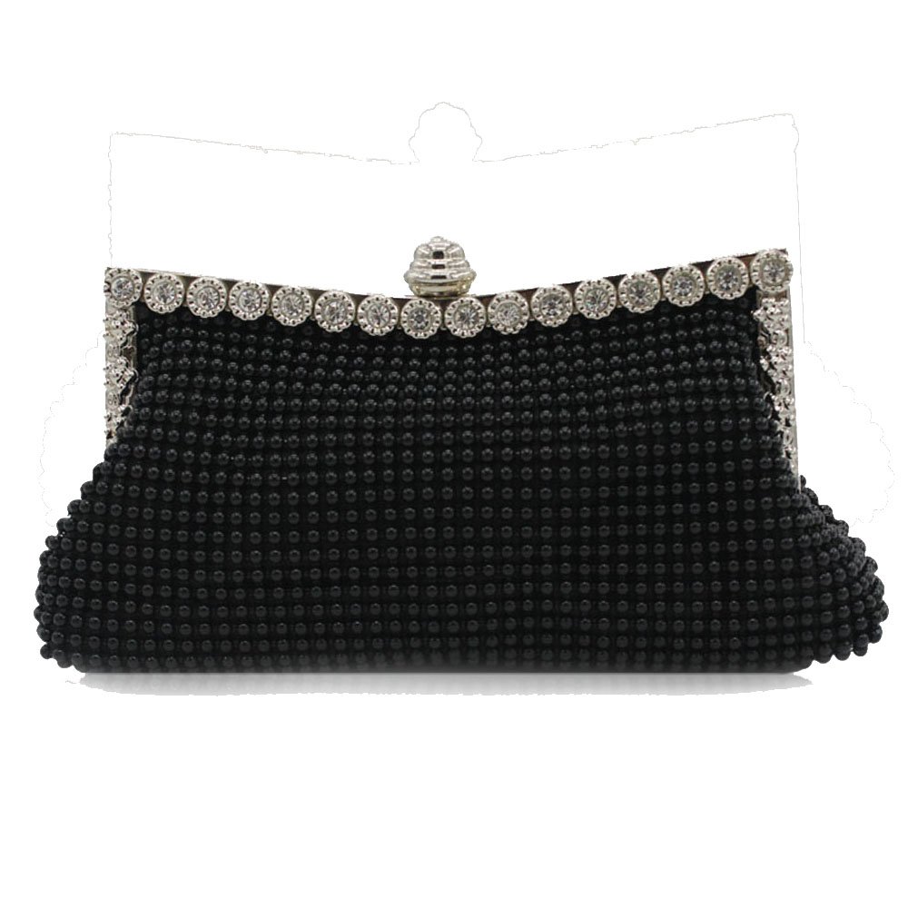 Kingluck Women's Elegant Aluminum Framed Clutch Bag with Satin Lining & Pearl Accents - Perfect for Evening Parties, Weddings & Special Occasions (Black)
