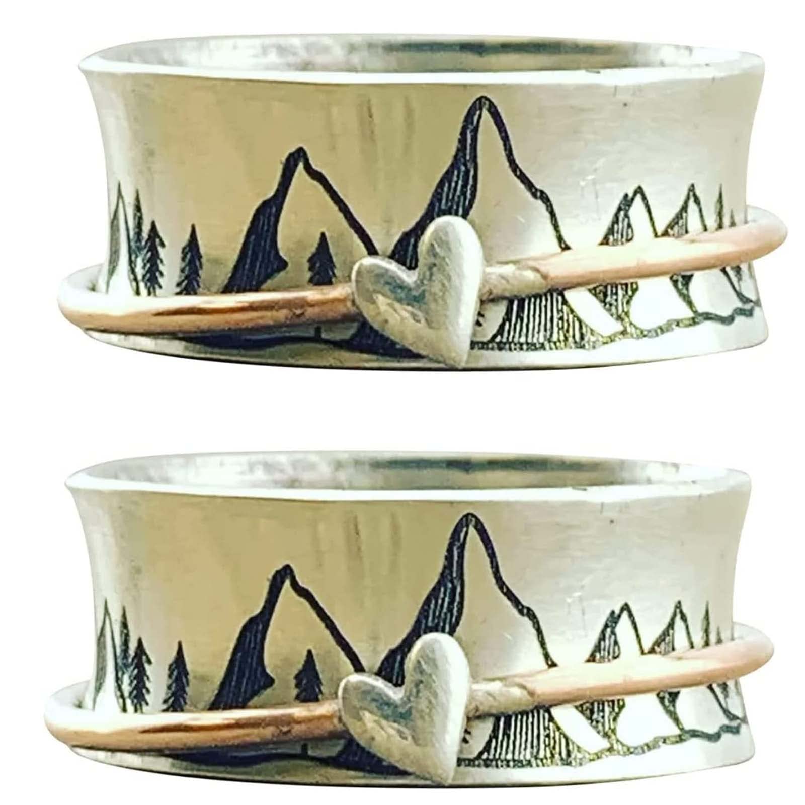 Personalized Spinner Rings for Anxiety Relief - 2pcs Inspirational Spinning Meditation Rings with Mountain Design for Women & Men, Perfect for Mother's Day, Couples, Graduation Gifts - Size 9 (Stress Relief Jewelry for Daily Wear & Mindfulness Practice)