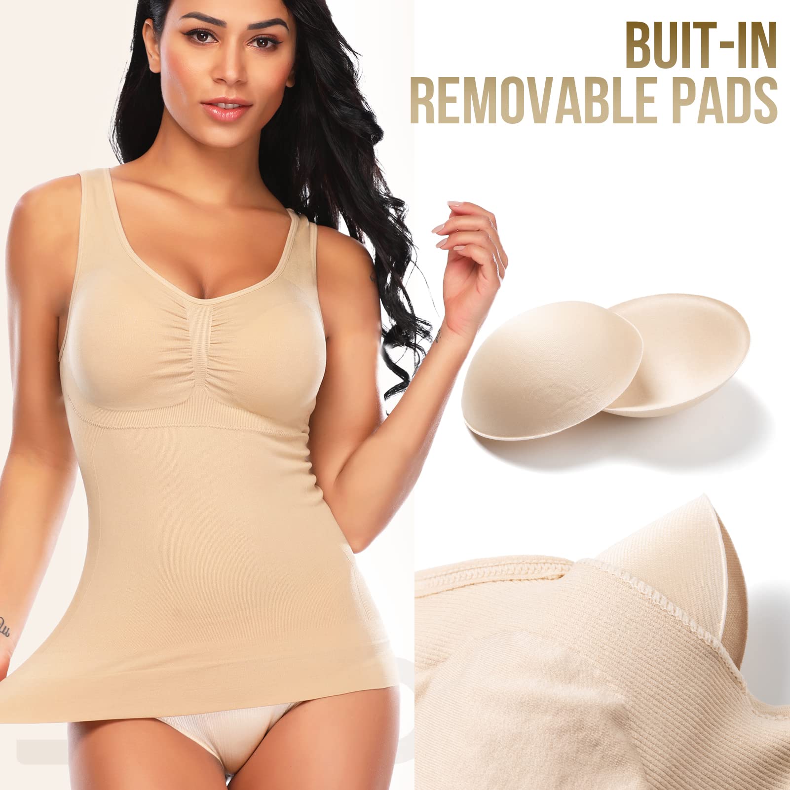 SlimBelle Women's Tummy Control Shapewear Camisole Top with Built-in Bra - Seamless Body Shaper Tank for Everyday Wear, Workout & Layering