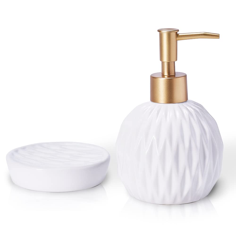 Elegant Ceramic Soap Dispenser and Soap Dish Set - Classic Round Shape with Gold Pump & Embossed Rhombus Design - White Bathroom Accessories for Vanity, Sink Counter, Guest Bath | Perfect for Modern, Farmhouse & Luxury Home Decor