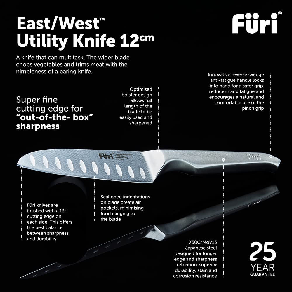 12cm Stainless Steel Asian Utility Knife - Pro Scalloped Blade for Slicing, Dicing & Chopping - Perfect for Kitchen, Sushi Making & Food Prep