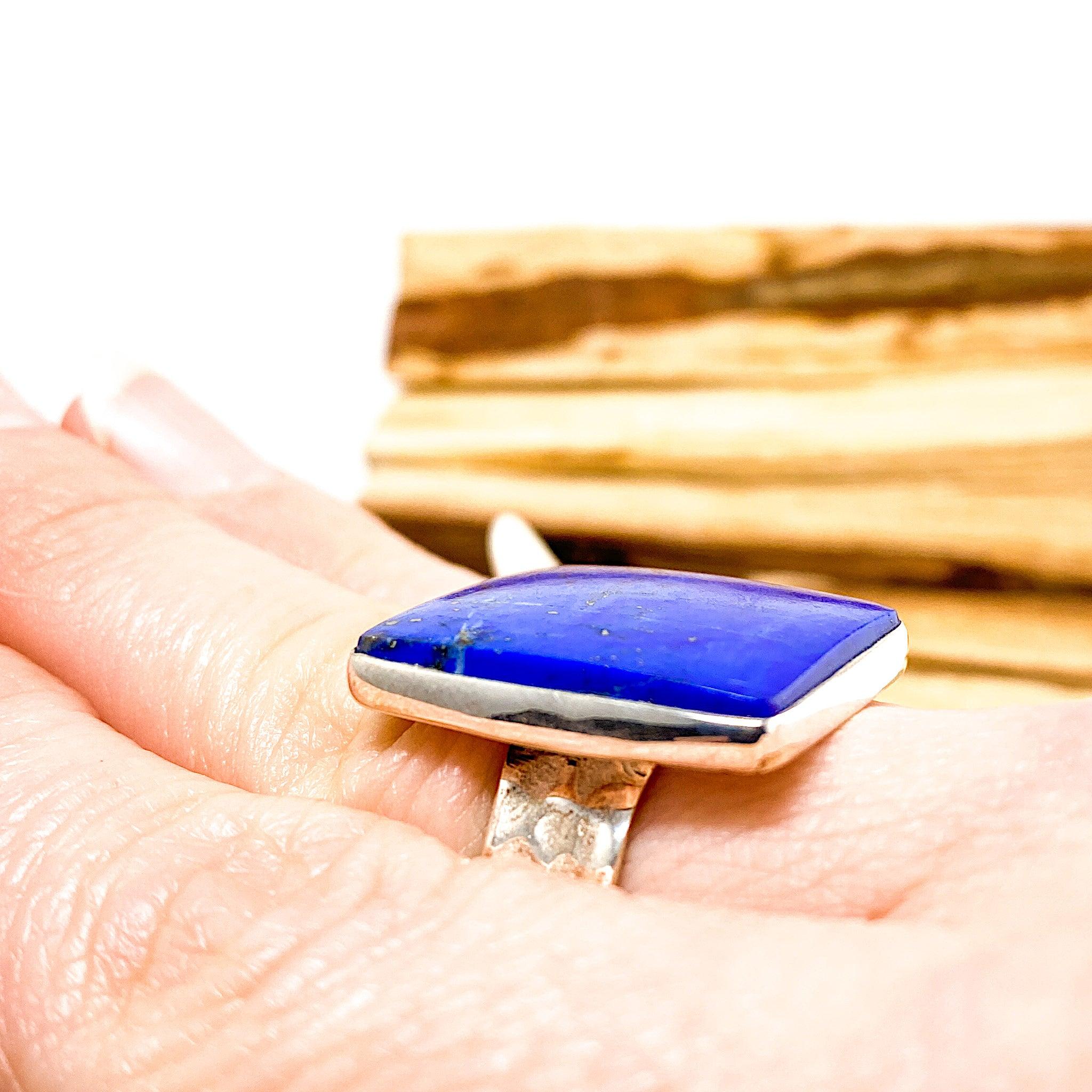 Natural Lapis Lazuli Square Cabochon Ring - Handmade Hammered Silver Band Size 11 - Chilean Gemstone Jewelry for Women | Perfect for Boho Fashion, Gift Giving & Special Occasions
