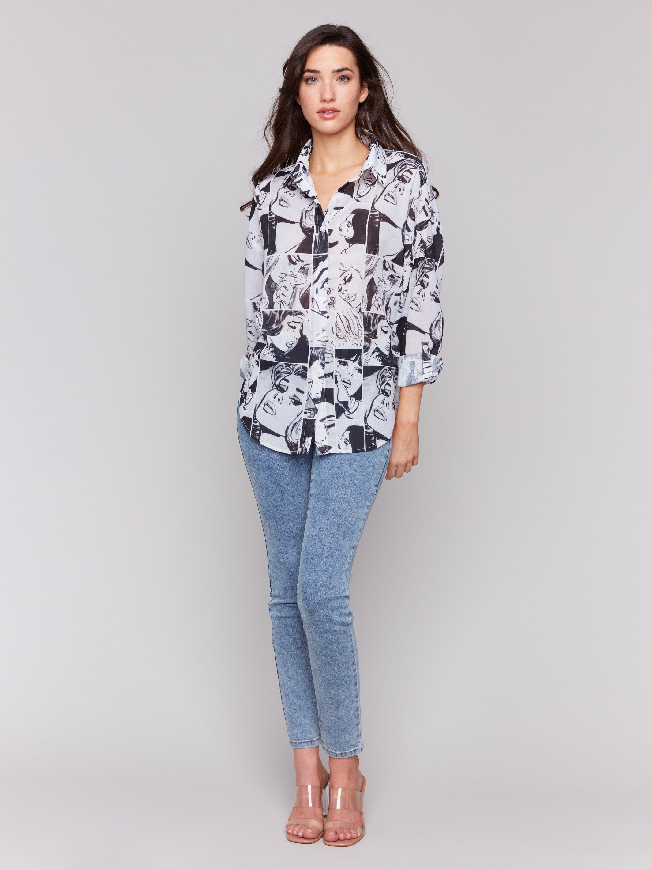 Stylish Printed Gauze Shirt with Roll-Up Sleeves - Comic Design | Casual Summer Wear for Men & Women | Perfect for Beach Outings & Weekend Hangouts