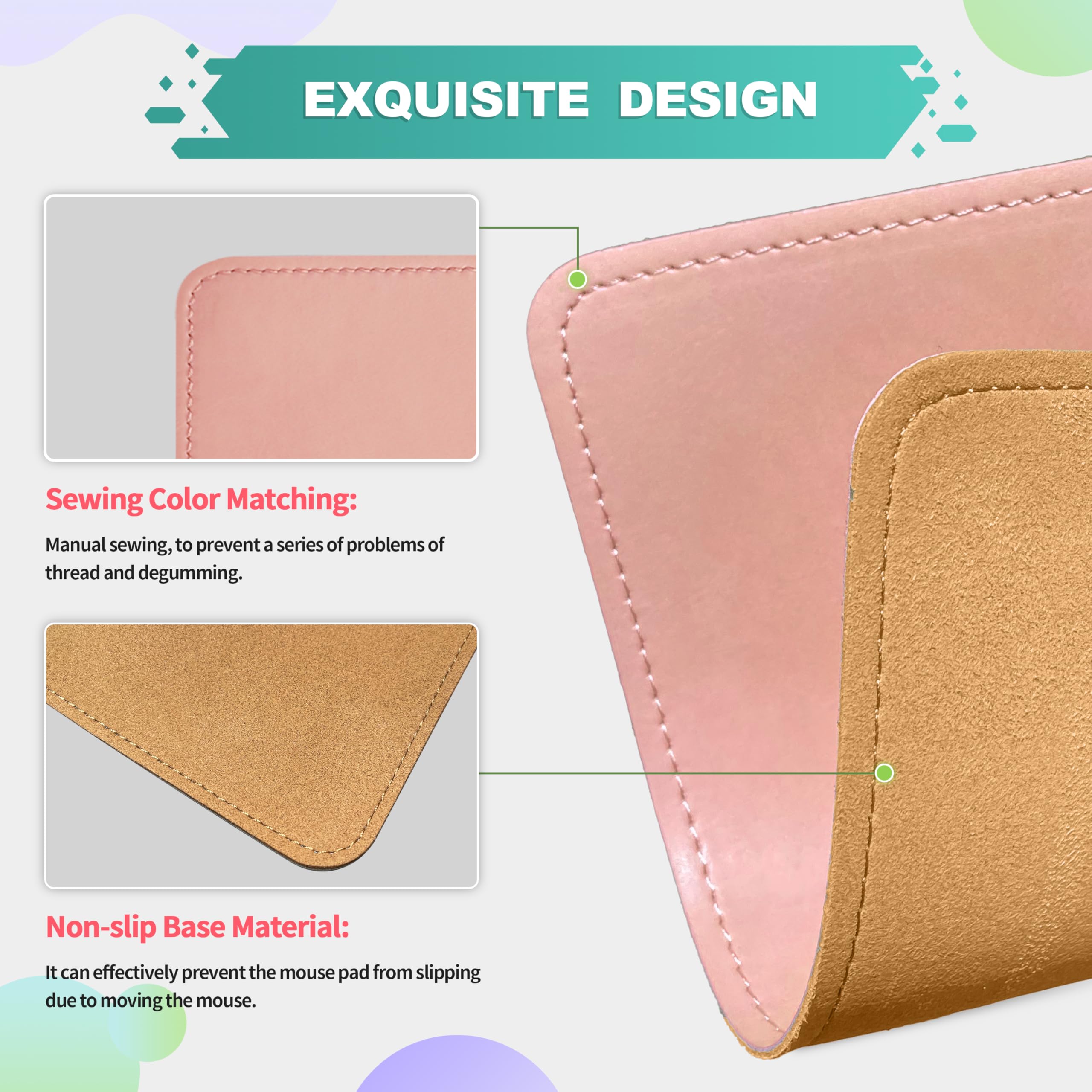 Premium PU Leather Mouse Pad with Stitched Edge & Non-Slip Microfiber Base - Waterproof Desk Mat for Computer, Laptop, Office & Gaming - 8x11 Inch Light Pink - Perfect for Work, Home & Professional Workspaces