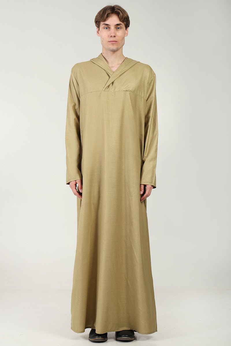 Men's Casual Polyester Poplin Thobe with Overlap Neck & Attached Hoodie - Lightweight Camel Robe for Everyday Wear, Lounge & Outdoor Activities