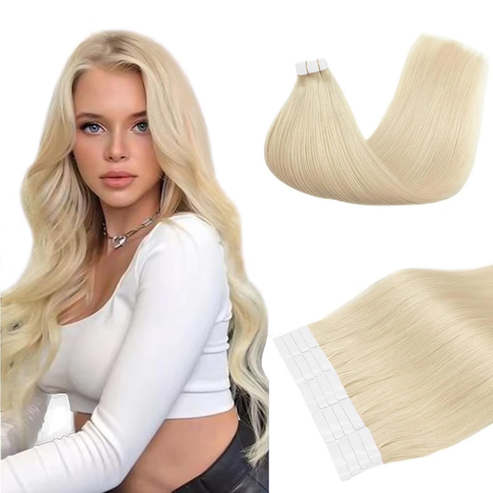 Munx 16Inch 30g 20PCS Platinum Blonde Remy Human Hair Tape Extensions - Real Hair Skin Weft for Volume & Length - Perfect for Parties, Weddings & Daily Styling