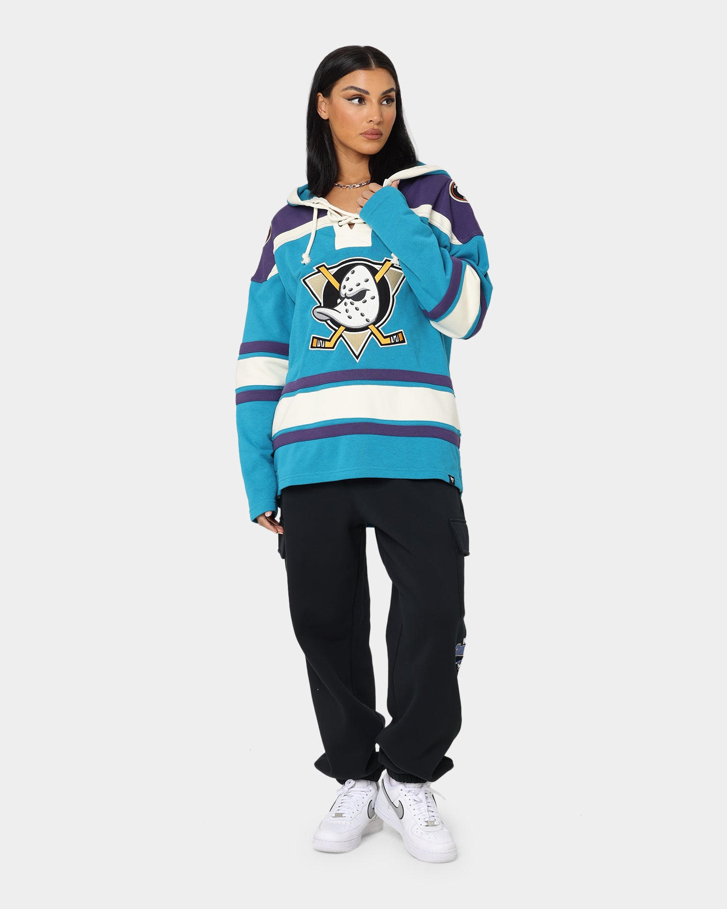 47 Brand Anaheim Ducks Lacer Hoodie - Purple & Sharks Teal Color - Men's NHL Hockey Pullover Sweatshirt for Game Day & Casual Wear