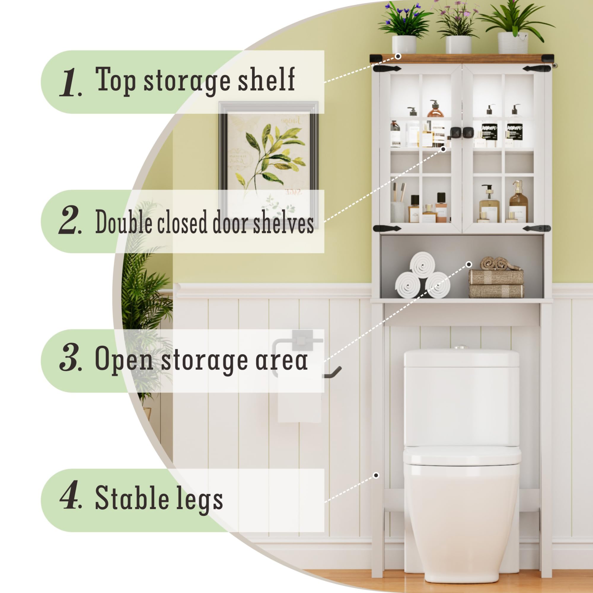 Over The Toilet Storage Cabinet with Shelves & Doors - White Bathroom Organizer with Anti-Tip Design & Ceiling Light - Space Saving Free Standing Toilet Shelf for Bathroom, Bedroom or Laundry Room Organization