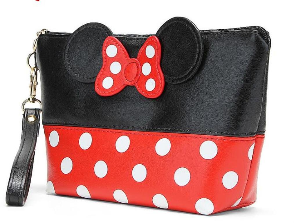 Minnie Mouse Polka Dot Cosmetic Bag - Waterproof Travel Makeup Pouch with Zipper for Women, Girls (Trapezoid, Red/Black) - Perfect for Travel, Gym, and Daily Essentials Storage