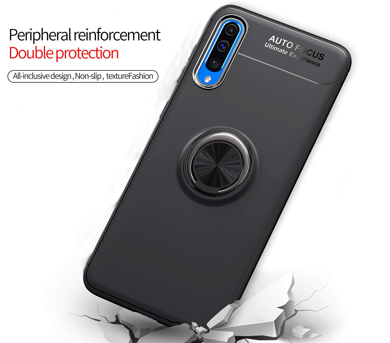 Samsung Galaxy A50 Case with Rotatable Metal Ring Kickstand & Magnetic Car Mount - Shockproof, Anti-Scratch, Ultra-Slim Protective Cover (Blue & Black) - Perfect for Work, Travel & Daily Use