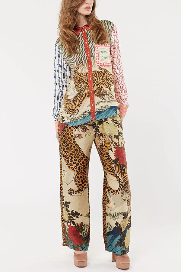 Tropical Jungle Tiger Print Long Sleeve Loose Shirt & Elastic Waist Pants Set - Stylish Animal Print Outfit for Women, Casual Wear, Vacation Outfits, and Street Fashion