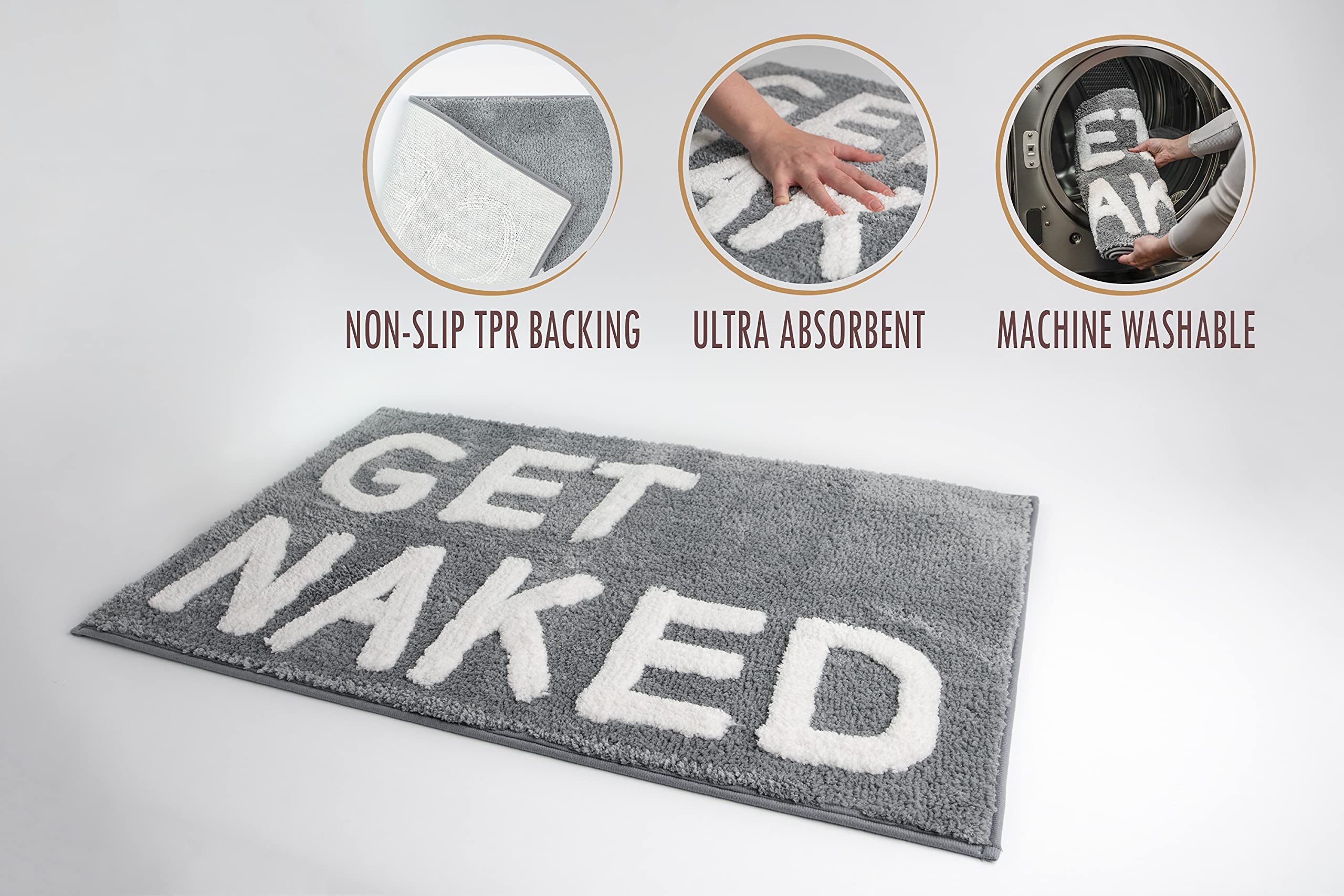 LABEND HOME Funny Peach Bathroom Decor - Get Naked Bath Mat & Shower Curtain Set - Cute Non-Slip Washable Bath Rug for Bathroom Accessories - Perfect for Spa, Guest Bathroom or Funny Gift (Gray)
