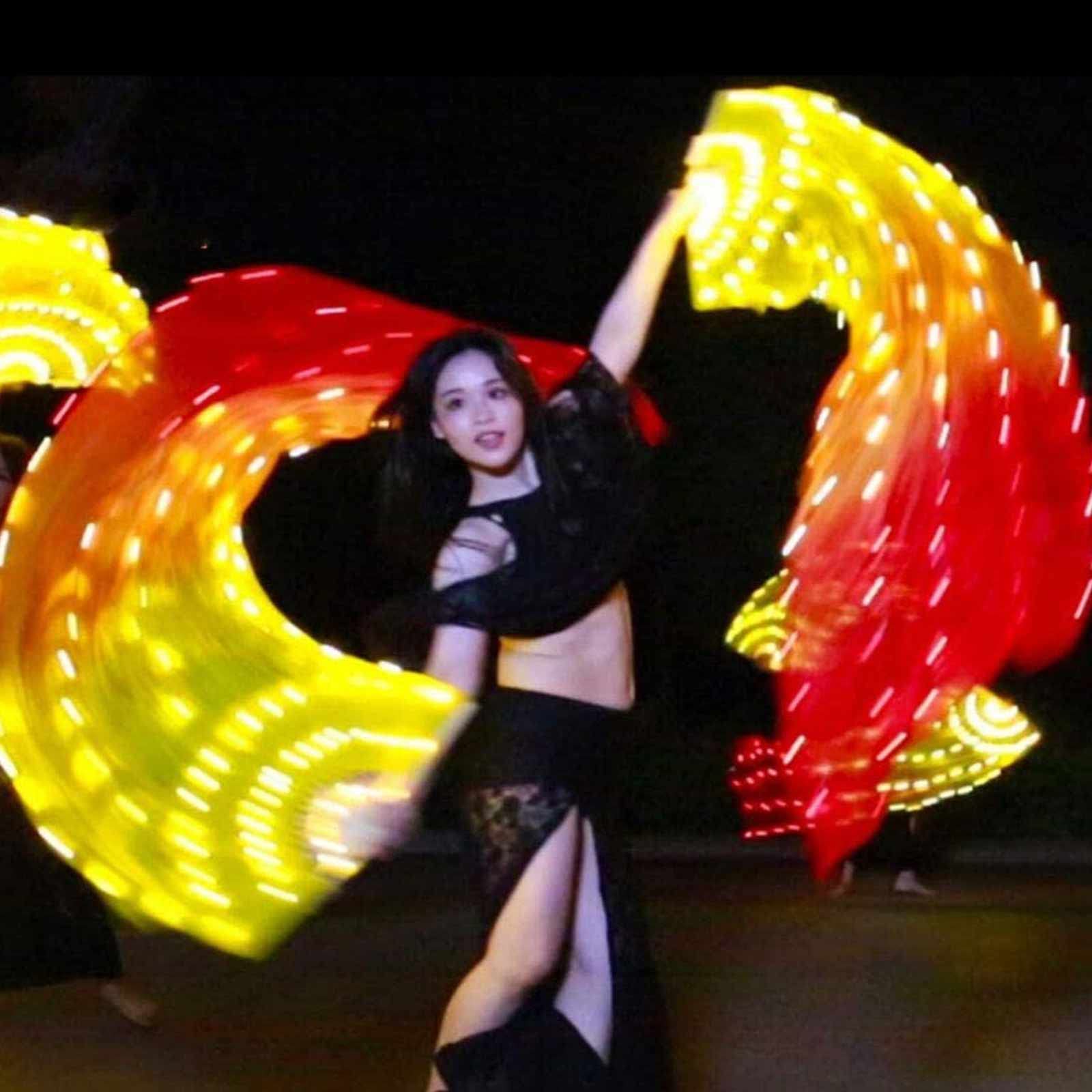 GZJUZIPI Women's Real Silk Belly Dance Fan Veil Set - 1 Pair (Left + Right) Rainbow LED Performance Props with Rechargeable Battery for Stage Shows & Dance Practice | Perfect for Professional Dancers, Beginners, and Costume Parties