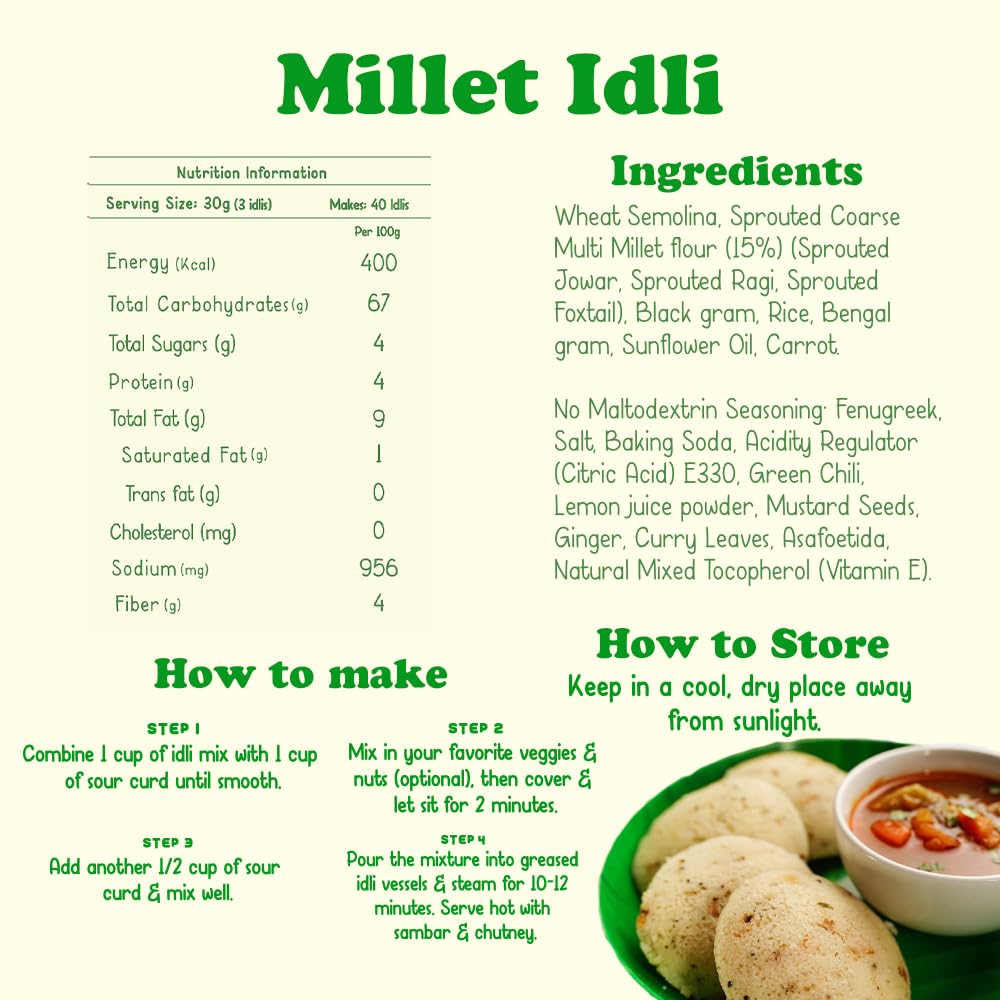 Gladful Multi-Millet Idli & Coconut Chutney Instant Mix - Palm Oil Free, Transfat Free, High Fiber Vegan Breakfast - 100% Natural, No Preservatives - Pack of 2 for Quick Healthy Meals & On-the-Go Snacking