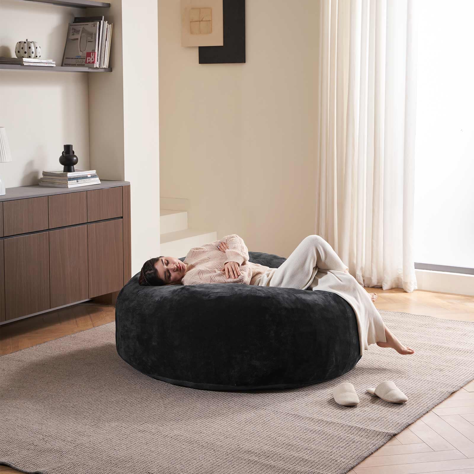 5FT Oversized Memory Foam Bean Bag Chair for Adults with Removable Washable Flannel Cover - Includes Filler - Perfect for Living Room, Bedroom & Reading Nook (Black)